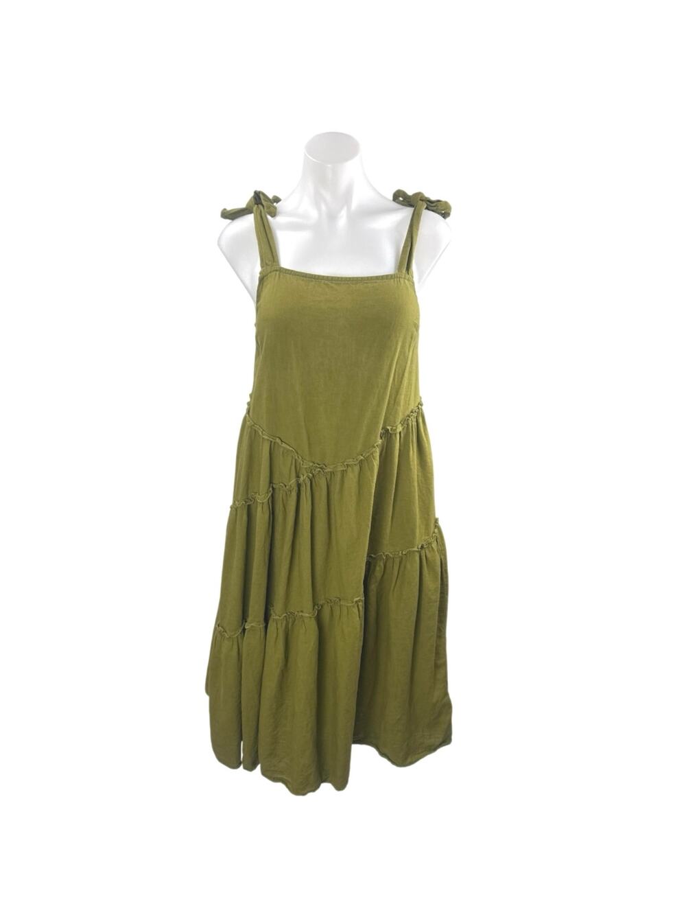 Urban Renewal Green Linen Sleeveless Tie Tiered Tank Cami A Line Midi Dress Sz S